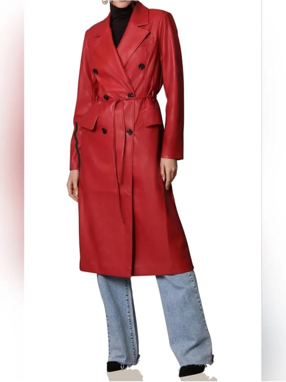 Avec Les Filles Red Faux-Leather Trench Coat Anthropologie - Picture 5 of 7